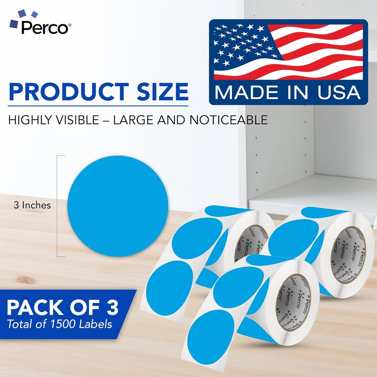 Perco Light Blue 3-Inch Round Circle Dot Sticker Labels - Multi-Roll Pack (3 Rolls, 500 Labels Each) - Permanent Adhesive, Vibrant Colors, Strong Hold - Perforated for Easy Use - Made in USA