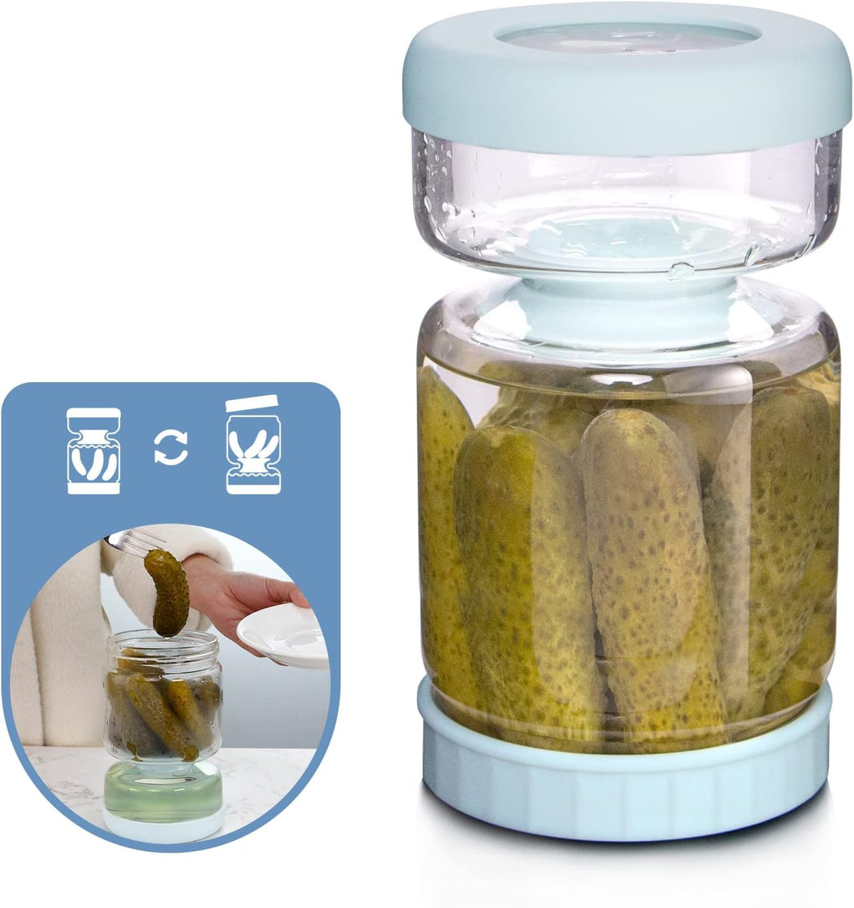 Glass Pickle Jar with Strainer Flip,34oz Pickle Container,Hourglass Pickle Juice Separator Jar for Olives,Gherkins or Sliced,Leakproof Dishwasher Safe