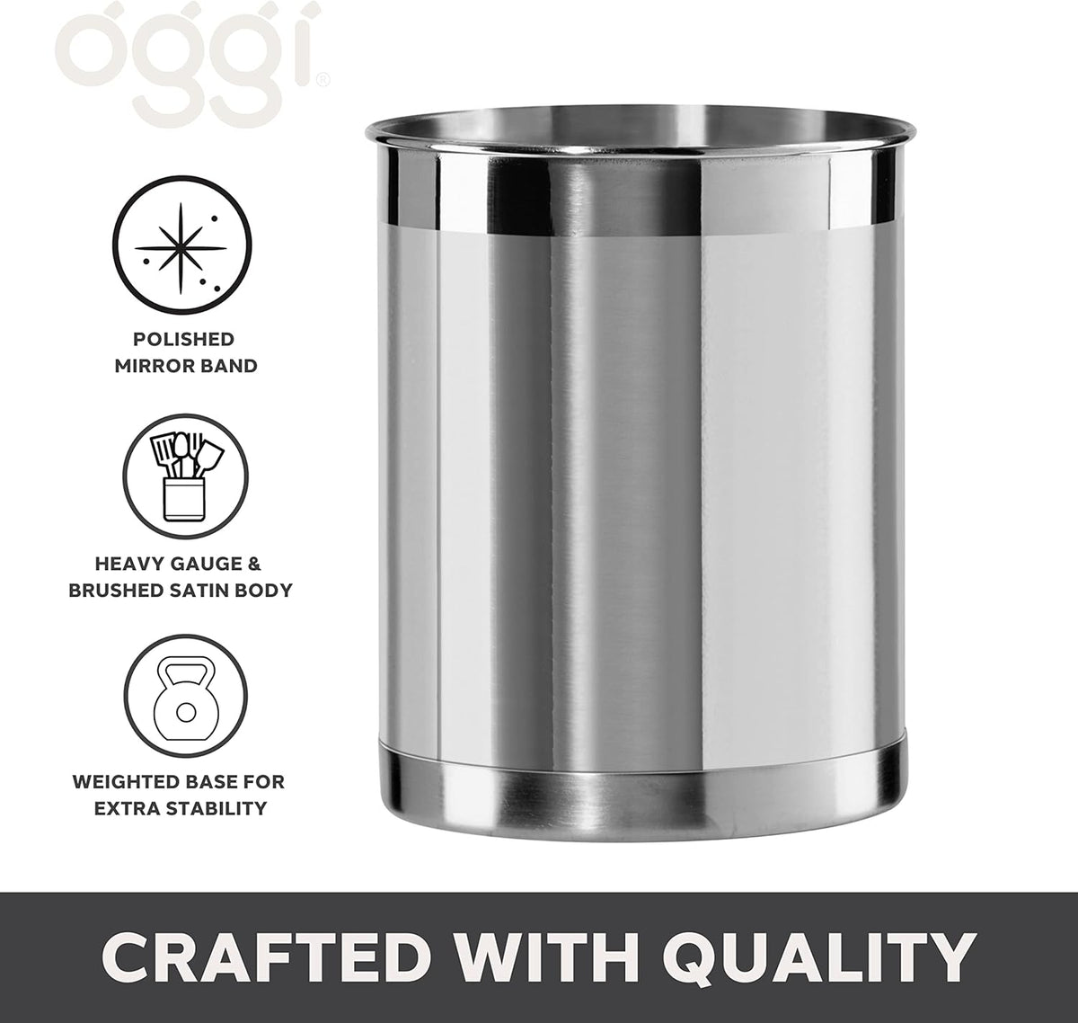 Oggi Stainless Steel Utensil Holder - 5" Diameter, Utensil Caddy, Weighted Base for Stability - Larger-Sized Utensil Crock and Countertop Utensil Organizer, Stainless Steel