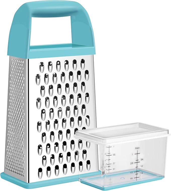 Urbanstrive Cheese Grater With Container, Professional Cheese Grater with Handle, Stainless Steel Graters for Kitchen Handheld, Box Grater with 4 Sides for Vegetables, Ginger, Potatoes (Blue)