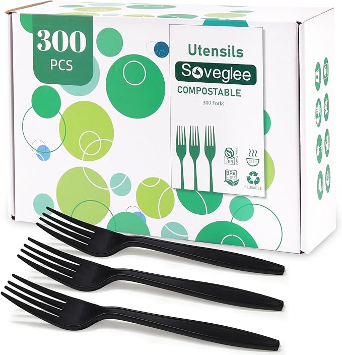 300 Count Compostable Forks, Non Plastic Forks, Black Disposable Forks, Heavy Duty Plastic Silverware, Eco Friendly Compostable Utensils for Party Wedding Picnic