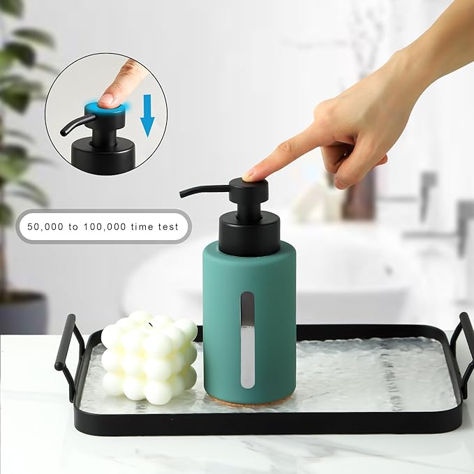 Enra Thick Glass Soap Dispenser with Clear Window,12oz Green Bathroom Soap Dispenser with Lotion Pump Hand Liquid Soap Dispenser Countertop Lotion Bottle for Bathroom(Green/Liquid Type)