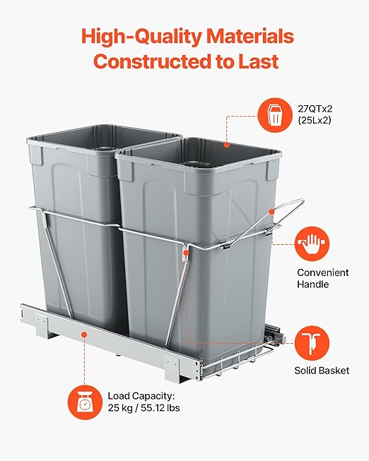 VEVOR Pullout Trash Can for Kitchen Cabinets, 27QTx2 Double Under Sink Garbage Waste Recycling Bin, Under Mount Waste Container, with Heavy Duty Metal Full Extension Sliding System and Handle Grey