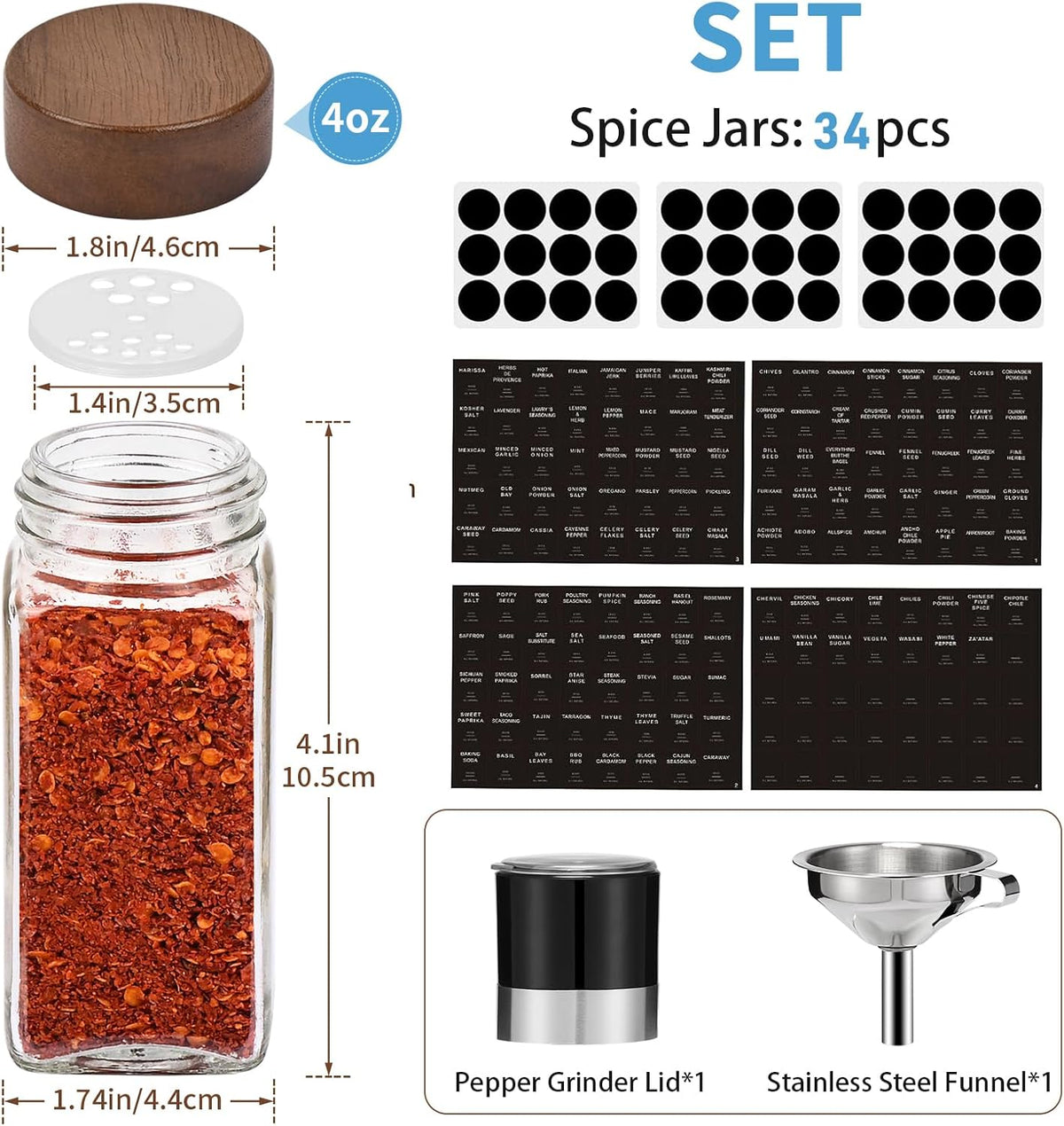 Yangbaga 34Pcs Glass Spice Jars with Labels-4oz Acacia Wood Lid Square Spice Containers with Pepper Grinder Lids &Funnel,Seasoning Jars for Rack Cabinet Drawer