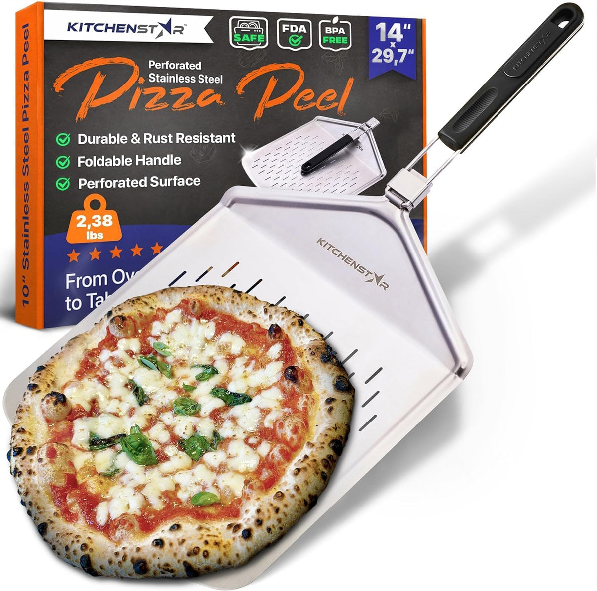 KitchenStar Perforated Pizza Peel 14 inch with 10 inch Folding Handle, Large - Stainless Steel Spatula Paddle for Effortless Pizza Transfer & Easy Storrage - Outdoor Pizza Oven Accessories