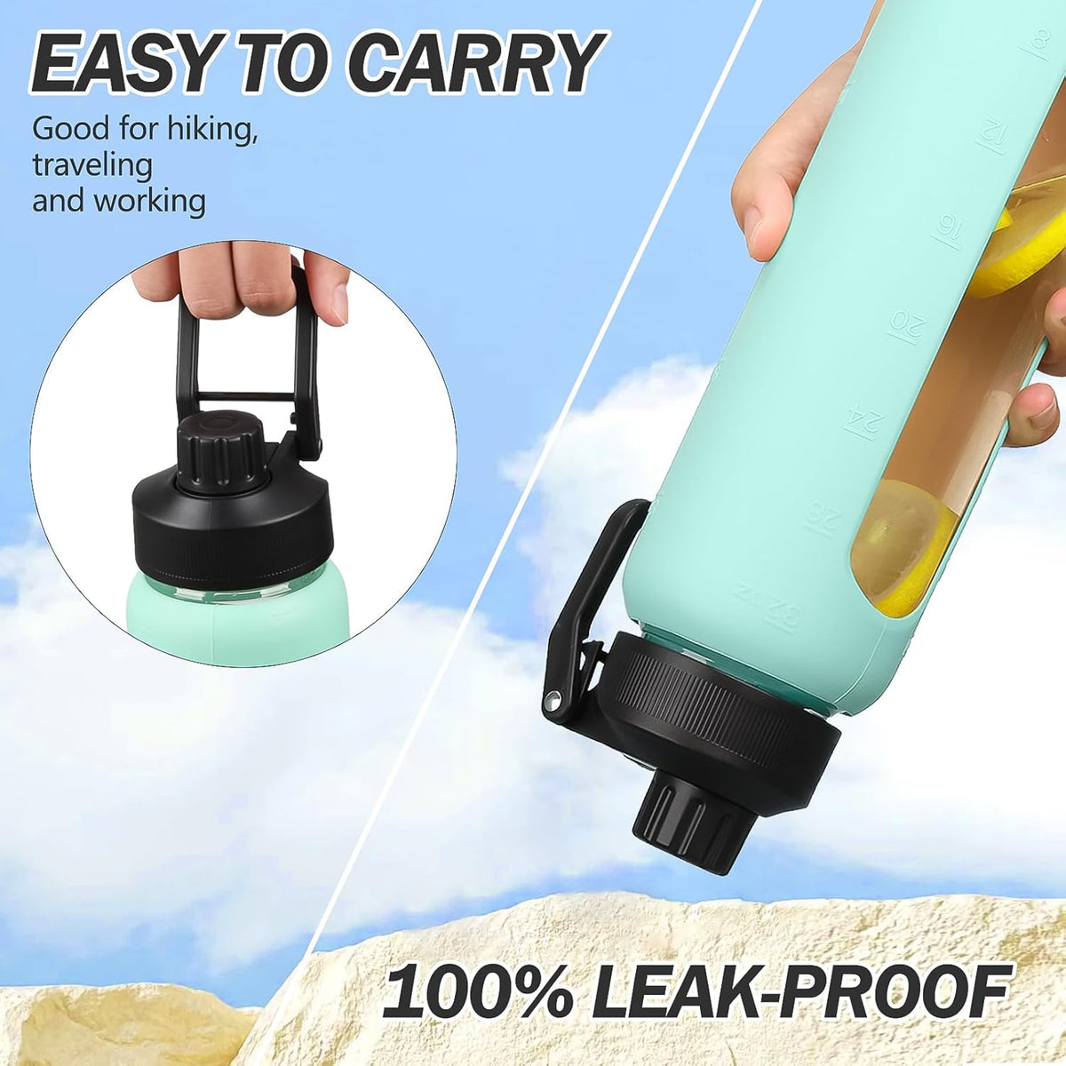 Glass Water Bottle with Straw, 24oz Glass Drinking Bottle with 2 Lids-Bamboo and Spout Lid with Phone Holder Handle for Gym Sports,with Silicone Sleeve and Time Marker,Mint Green