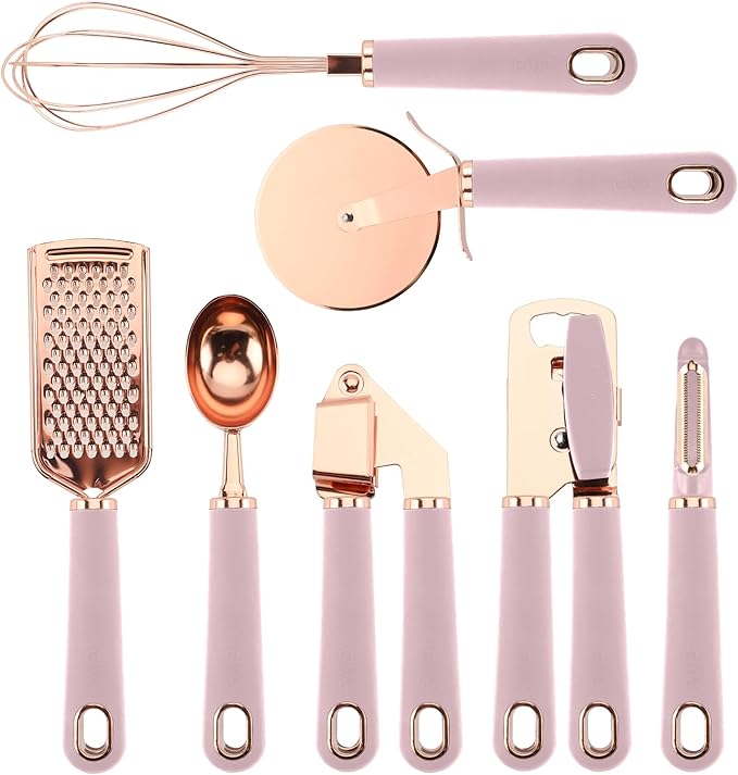COOK WITH COLOR Kitchen Gadget Set Copper Plated Stainless Steel Utensils with Soft Touch Handles, Copper Pink, 7 Pieces