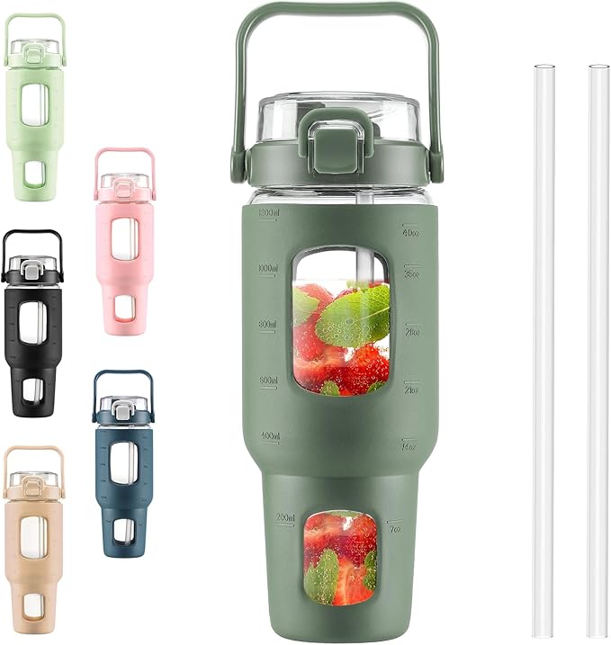 BLUEGO 40 oz Glass Water Bottles with Straw Time Marker, Glass Tumbler with Handle Top Lids, Easy to Clean, Fits in Car Cup Holder, Leakproof Jug for Gym, Sports, Workout & Daily, 02 Olive