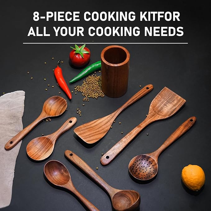 FJNATINH Wooden Spoons for Cooking, 8 Pcs Nonstick Wooden Cooking Utensils Set,Nonstick Natural and Healthy Kitchen Utensil（8 Pcs）