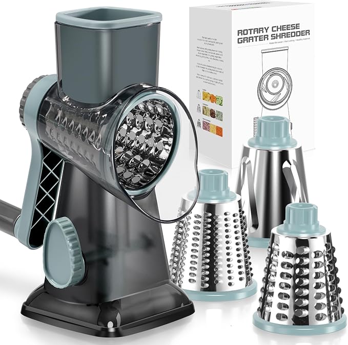 KEOUKE Rotary Cheese Grater Hand Crank Transparent - Shredder Slicer Grinder 3 Stainless Steel Blades, Stable Suction, Labor-Saving Handle, Safe Kitchen Tool for Cheese, Vegetable, Nuts, Chocolate