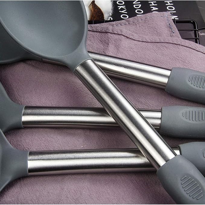 Silicone Kitchen Cooking Utensils Set with Stainless Steel Handle, Spatula Set Utensil Set, Cooking Utensil Set,Kitchen Tools Gadgets for Nonstick Cookware (11, Gray)