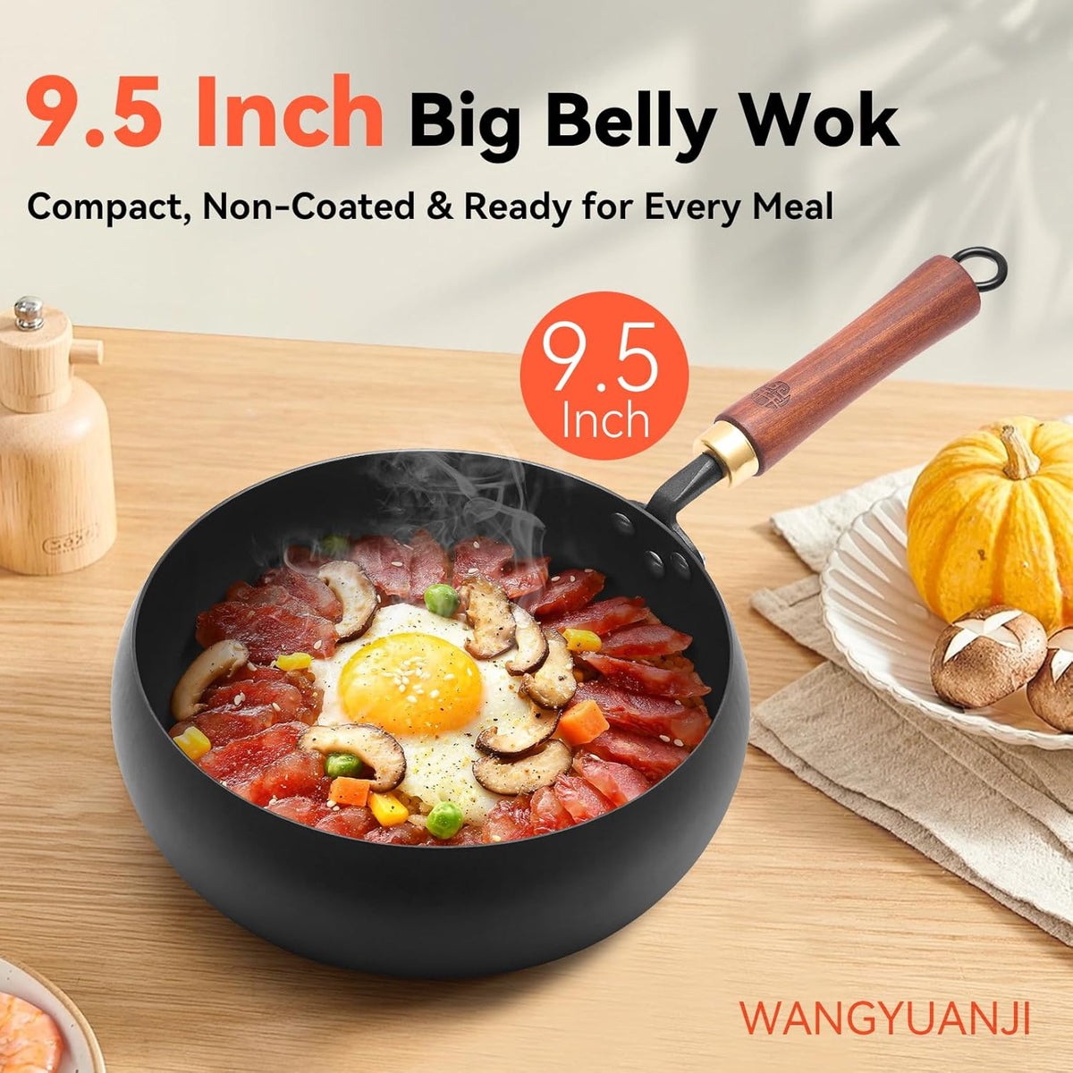 WANGYUANJI 9.5-Inch Wok Pan with Lid – Handmade Round Cooking Wok, Deep Frying Pan with Detachable Wooden Handle, No Chemical Coated Wok Flat Bottom for Induction & Gas Stoves