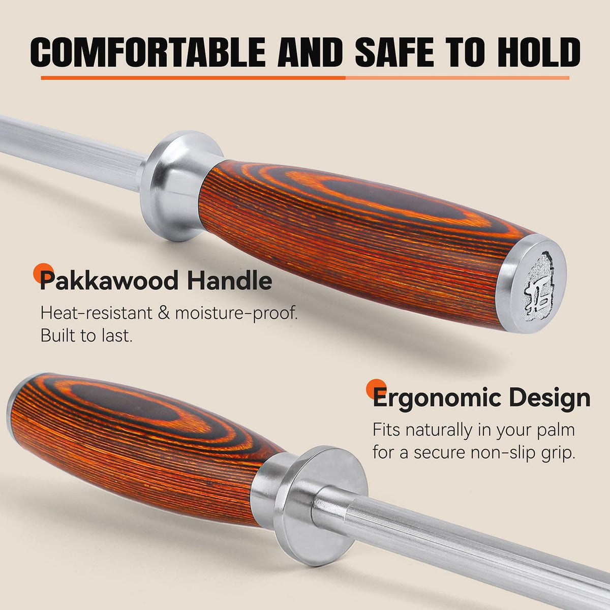 TUO Honing Steel, Sharpener Rod with Thicker Steel Core for Kitchen Knives Daily Sharpening Maintenance, High Carbon Steel, Ergonomic Handle, 8 inch