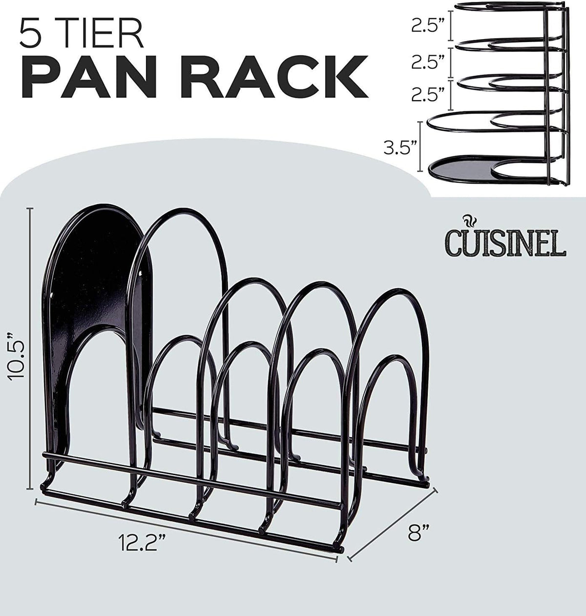 Cuisinel Heavy Duty Pots and Pans Organizer Rack - 12.2"-Inch Tall - 5 Tier Rack - Holds 50 LB - Cast Iron Skillets, Griddles, Shallow Cookware - Space Saving Kitchen Storage - No Assembly Required