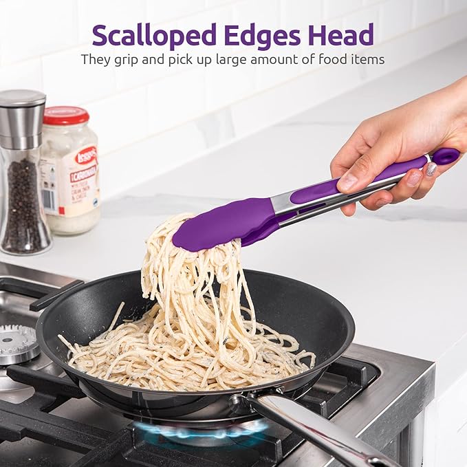 Heat Resistant Silicone Kitchen Tong: U-Taste 9 inch 480ºF Hot Proof Cooking Tong with Firm Sealed Non Stick Rubber Tips & Silicon Coated Steel Handle & Smooth Locking for Serving Grill Salad (Purple)