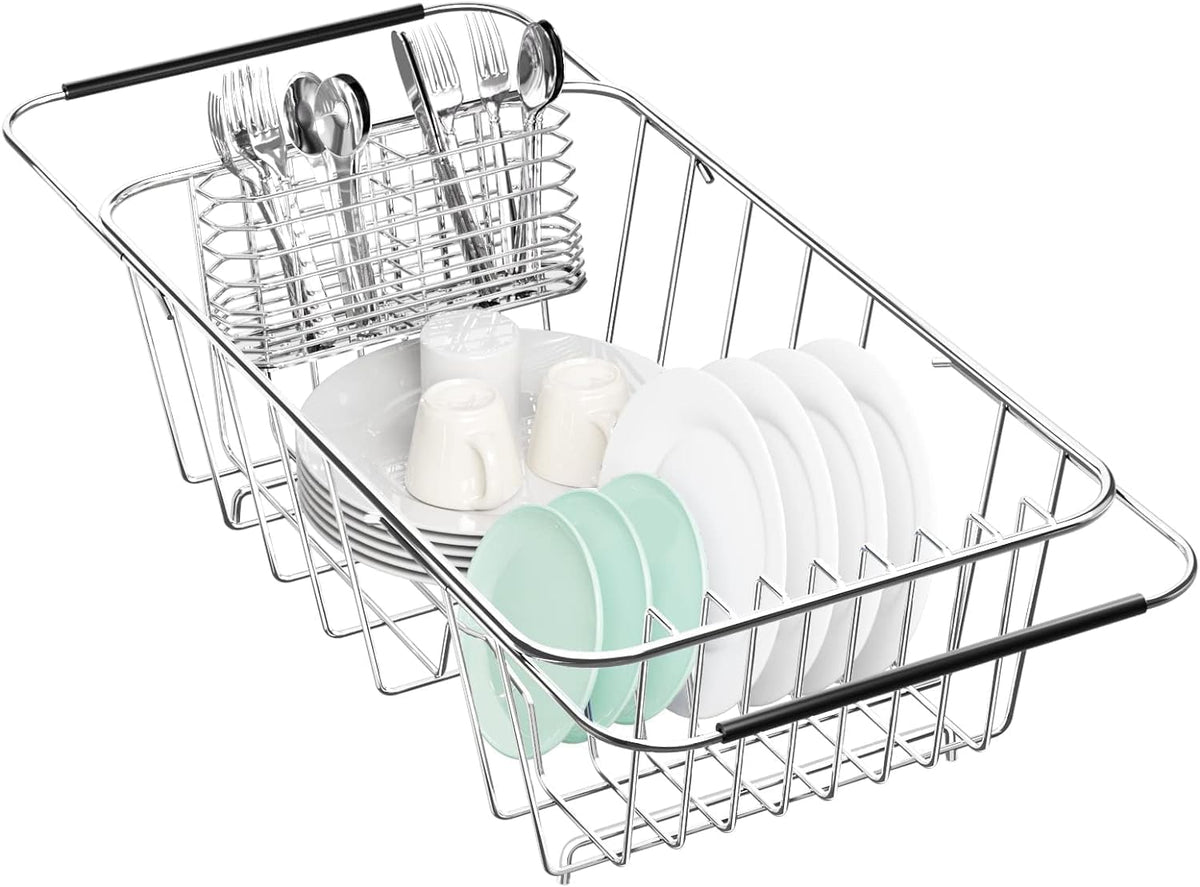 Small Dish Drainer Rack in Sink Adjustable, Expandable Stainless Steel Metal Dish Drying Rack Organizer with Stainless Steel Utensil Holder Over Inside Sink Counter, Rustproof(for 1-2 People)