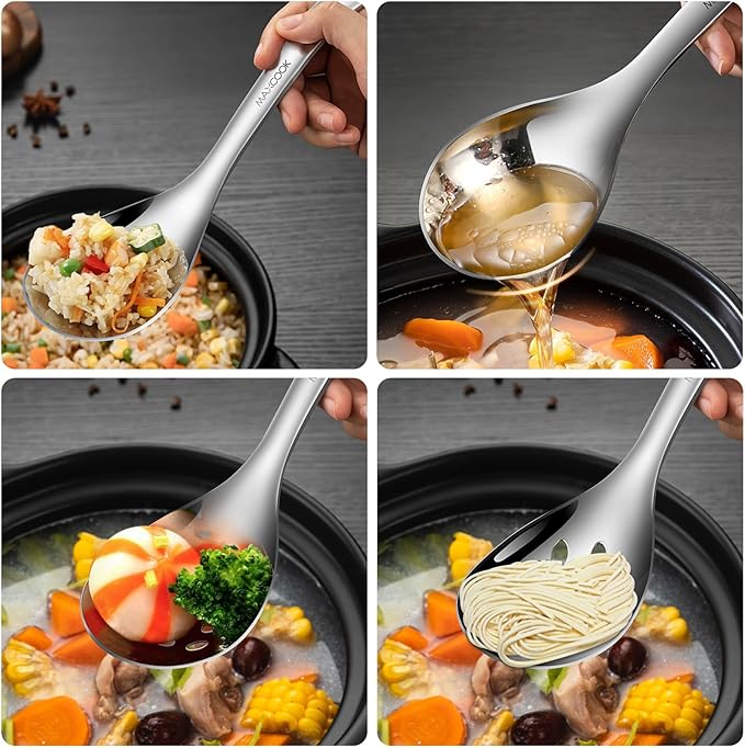 2 Pcs 18/8 Stainless Steel Slotted Spoon Soup Ladle, Kitchen Utensils for Cooking Serving Straining, 9 Inch Cooking Skimmer & SUS 304 Serving Spoons, Ideal for Hot Pot, Salad, Rice, Pasta
