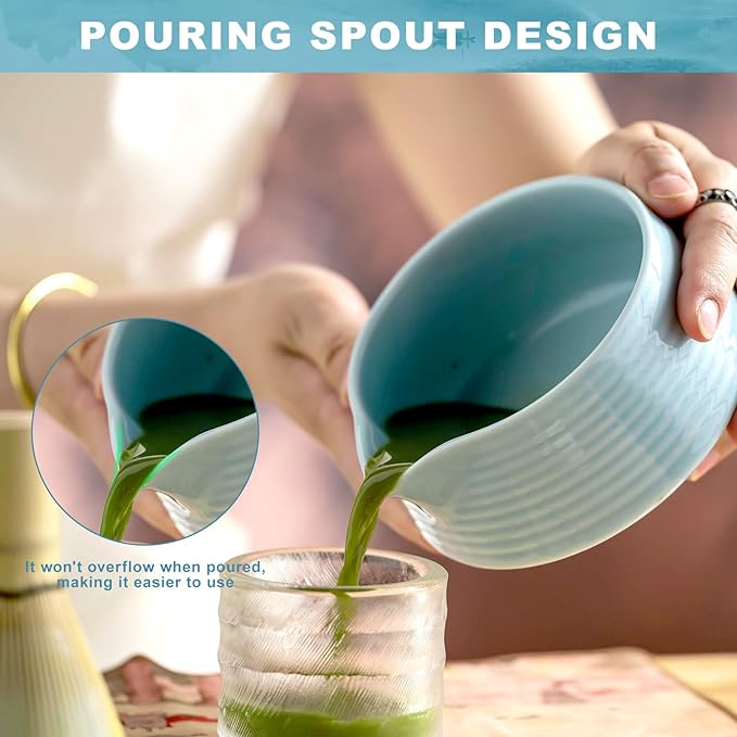 Matcha Whisk Set,Includes Ceramic Matcha Bowl, Bamboo Matcha Whisk and Holder, Bamboo Scoop and Spoon, Scoop Rest, Sifter and Tea Towel,Traditional Japanese Matcha Tea Ceremony Set Gift(Blue)