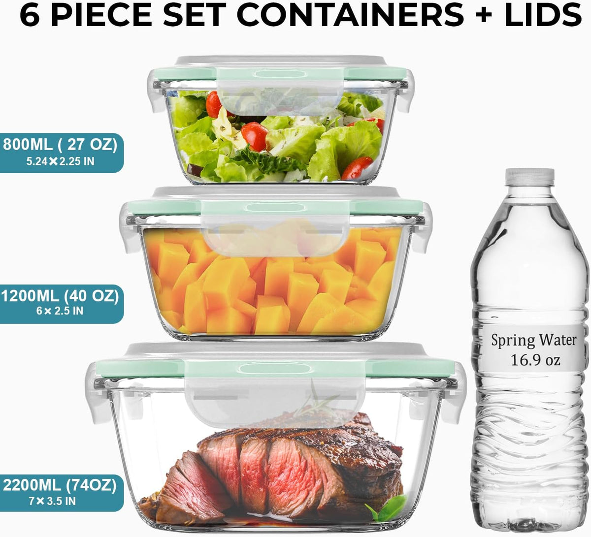 Razab 6 PC Square Glass Food Storage Containers with Airtight lids (74, 40 & 27 oz) Kitchen Glass Meal Prep Containers Set for Freezer Reusable Leftover Lunch Boxes, Oven, Microwave, Dishwasher Safe