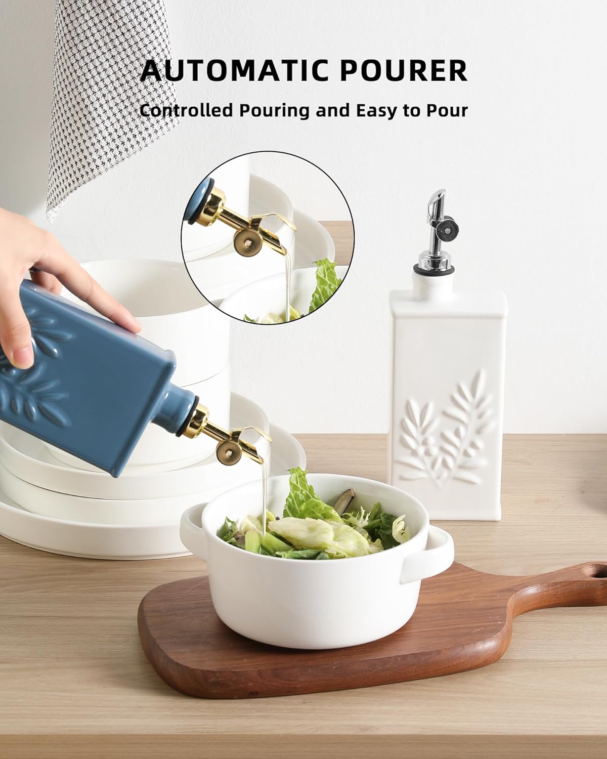 Sweejar Ceramic Olive Oil Dispenser Bottle for Kitchen, 17 Oz Relief Opaque Oil and Vinegar Dispenser Bottle with Spout, Suitable for Soy Sauce, Coffee Syrup, Liquids (Fogblue)