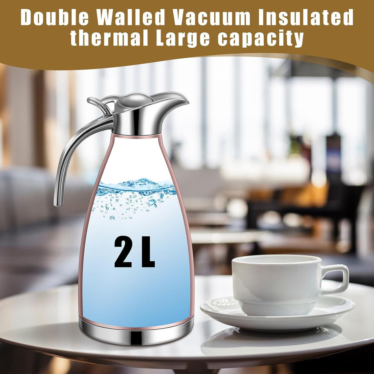 Uiifan 2 Pcs 68 oz Thermal Coffee Carafe Insulated Stainless Steel Coffee Carafe for Hot Liquids Vacuum Thermal Pot Creamer Dispenser with Brushes Keeping Hot Tea Milk Water(Rose Gold)