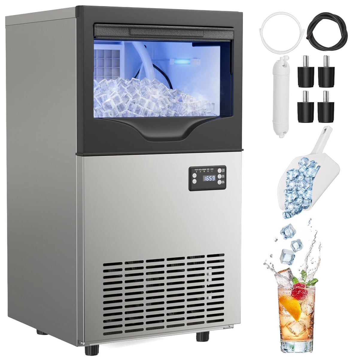 Commercial Ice Maker Machine 15inch Wide 100LBS/24H Stainless Steel Under Counter Ice Machine, Ice Ready in 8-15 min Freestanding Ice Maker for Home Bars and Restaurants