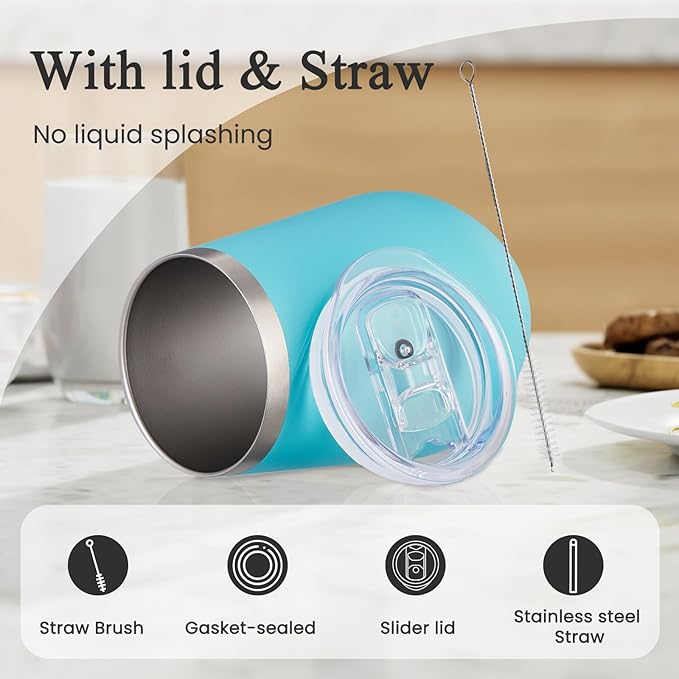 MEWAY Stemless 12oz Insulated Wine Tumbler with Lid and Straw - Double Wall Stainless Steel Thermal Cup for Hot and Cold Drinks, Ideal for Bridal and Baby Shower Game Prizes(Light Green,Set of 12)