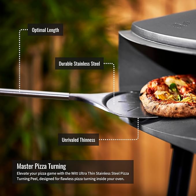 Witt Stainless Steel Pizza Turning Peel - 6.5" Diameter, Long Handle, Nonstick, Lightweight, Perforated Design, Essential for Pizza Oven Owners, Chefs, Cooks, Bakers