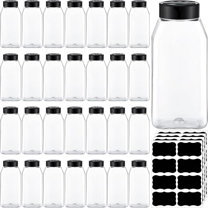 Mifoci 28 Pack 16 oz Plastic Spice Jars with Cap Square Plastic Bottle Containers with Shaker Lids and Stickers Large Seasoning Shaker Empty Powder Storage Container for Storing Salt Herbs (Black)