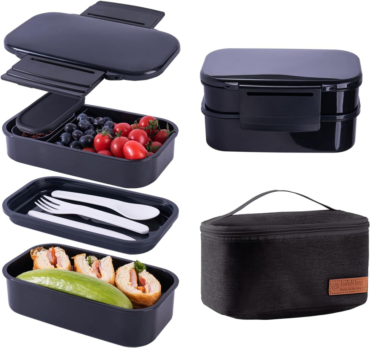 Lunchneo bento box for adults, separate for men and women, set of utensils and dipping containers, cute Japanese bento box, microwave heatable(Black)