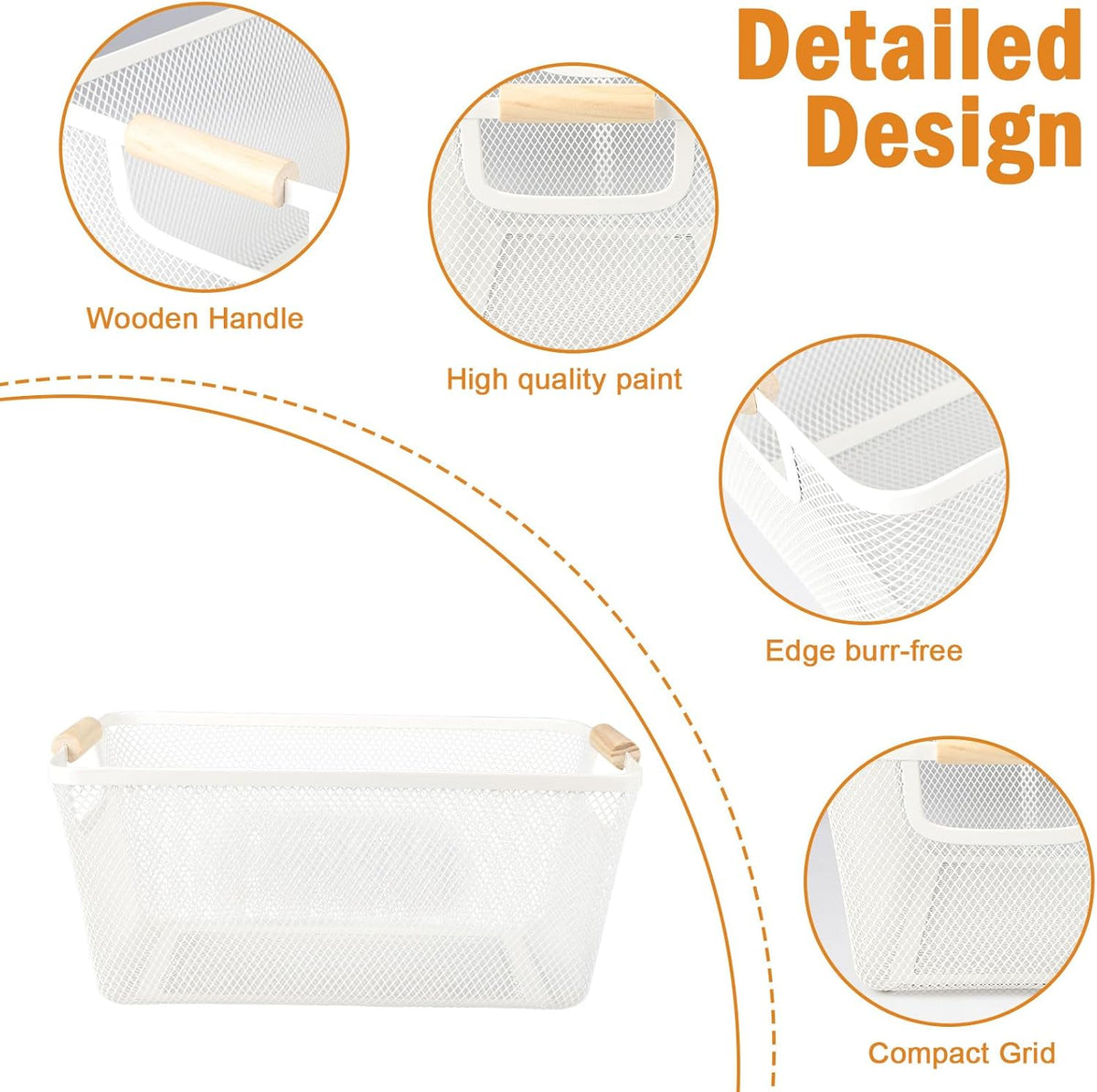 Potato and Onion Storage Bin, 2 Set Potato Bin Storage and Onion Container with Wooden Handle, Pantry Kitchen Organization and Storage, Metal Mesh Baskets for Fruit, Vegetable, Produce-White