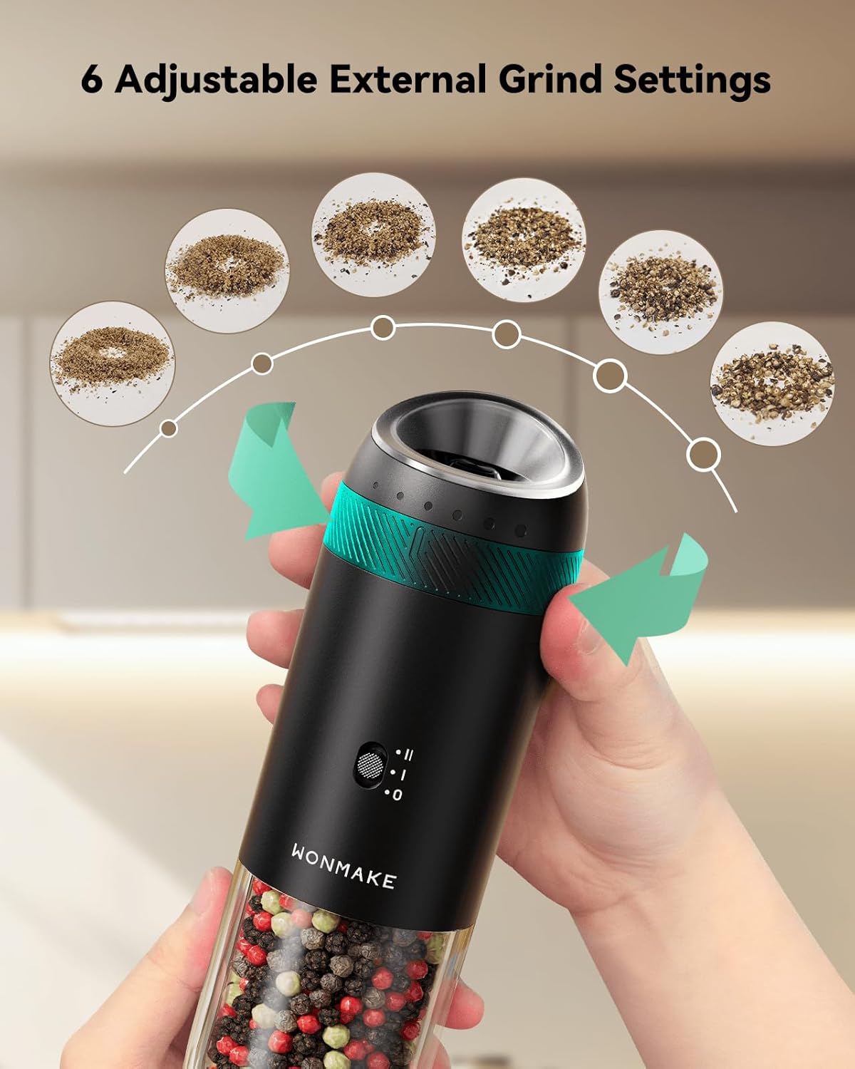 WONMAKE Gravity Electric Salt and Pepper Grinder Set with Charging Base, Automatic Salt and Pepper Mill, 6-Level Adjustable Coarseness, Dual Speed, and Large 5.95oz Capacity