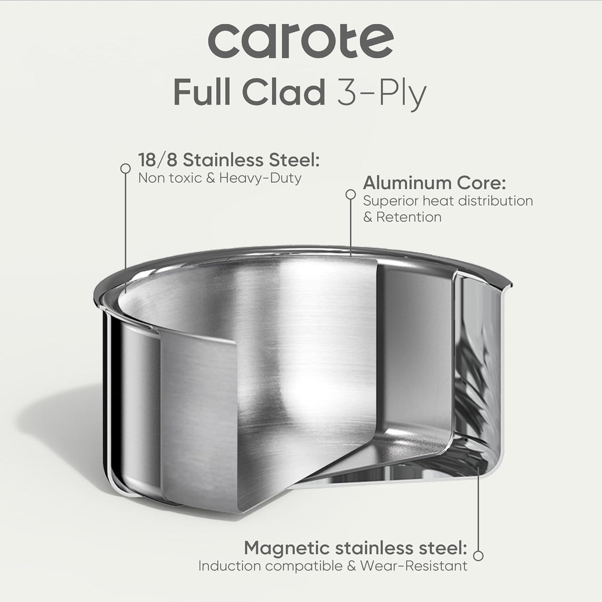 CAROTE Stainless Steel Sauce Pan with Detachable Handle, 1.5QT&2QT&3QT 8pcs Saucepan with Lid, Stainless Steel Pot, Nonstick Induction Kitchen Cookware, Removable Handle, Oven Safe, Woodgrain