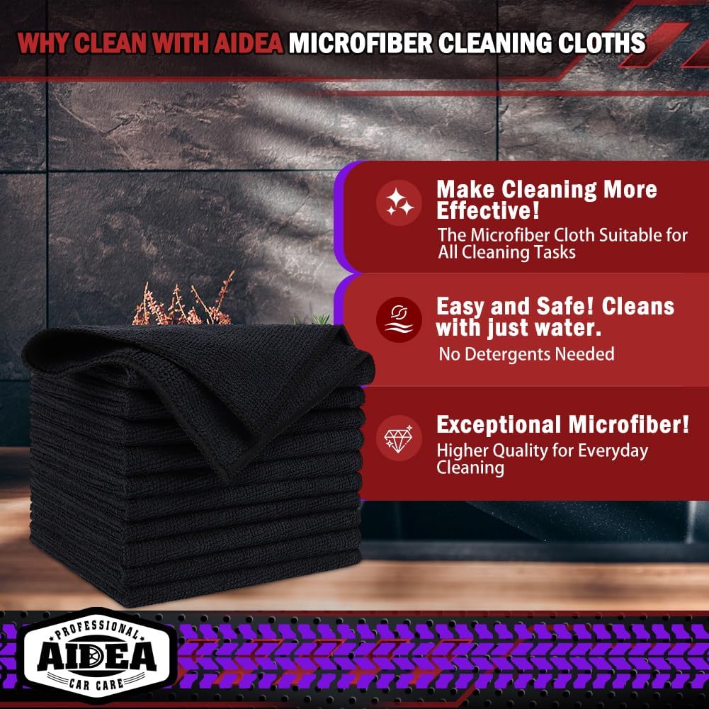 AIDEA Microfiber Cleaning Cloth Black 50PK, Microfiber Towels for Cars, Premium Car Cloths, Dusting Cloth Lint Free Cleaning Rags for SUVs, House, Kitchen, Window, Workshops,12×12"