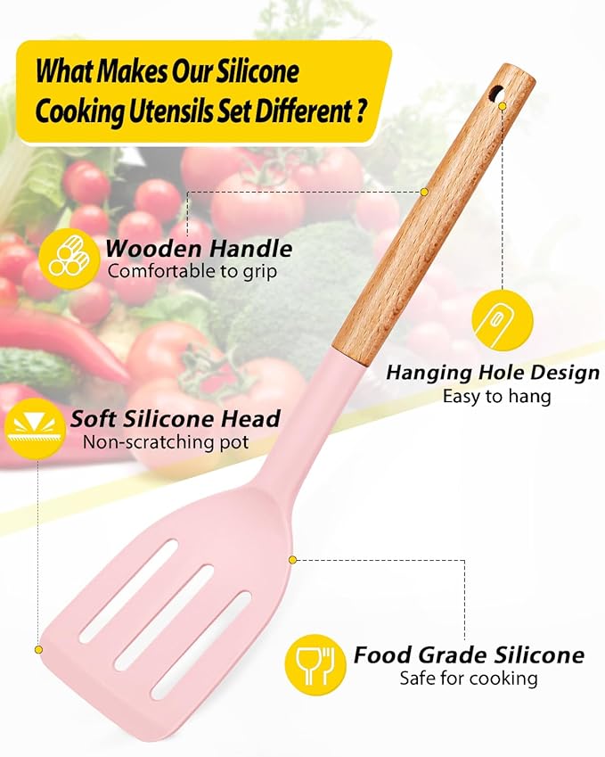 Pack of 4 Silicone Cooking Utensils Set, Non Stick Solid Spatulas and Heat Resistant Slotted Spoons with Wooden Handle, Ideal Wood Kitchen Utensils Set for Frying,Serving,Turning,Stirring (PINK)