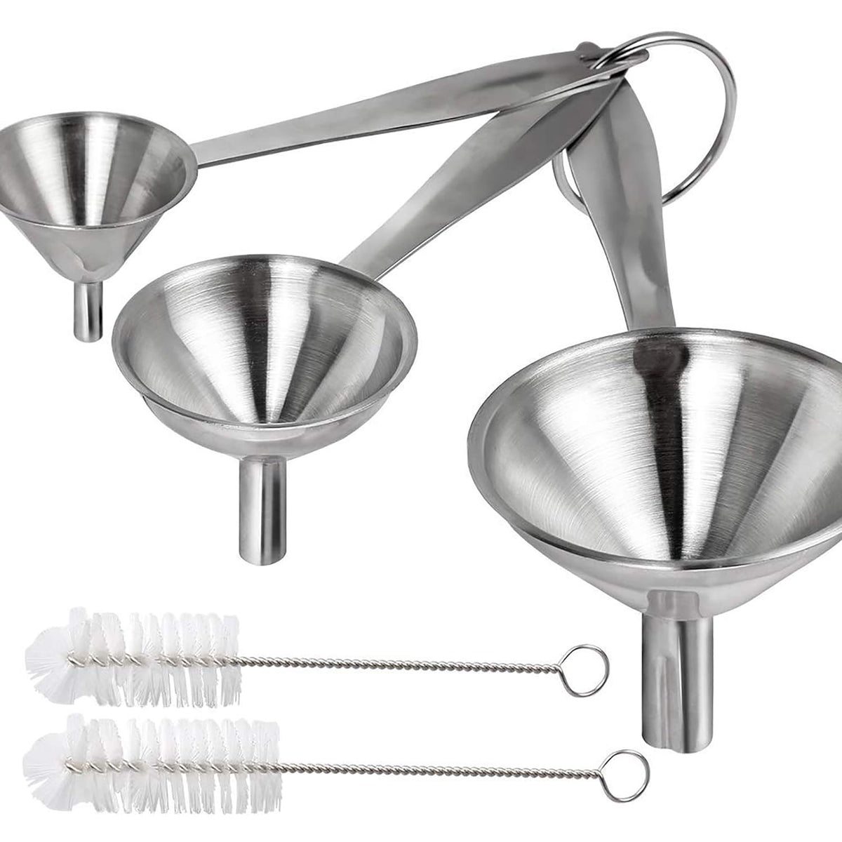 YGDZ Kitchen Funnel for Filling Bottles, 3pcs Metal Stainless Steel Small Mini Funnels for Essential Oils Liquid, Long Handle Funnel Set, 2pcs Cleaning Brushes