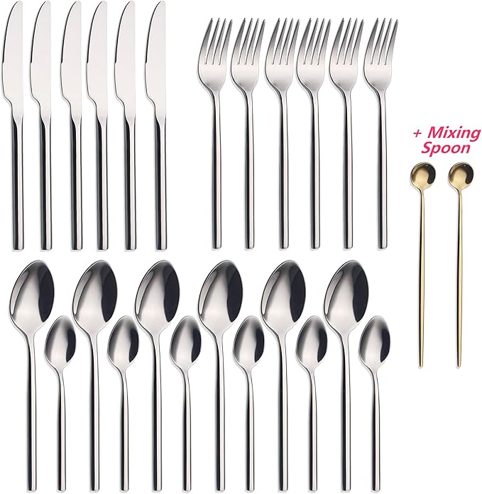 24 Piece Silverware Set For 6 Heavy duty 18/10 Stainless Steel Flatware Set Modern Design Knife/Fork/Spoon Mirror Polished Dishwasher Safe Cutlery Set with Gifts