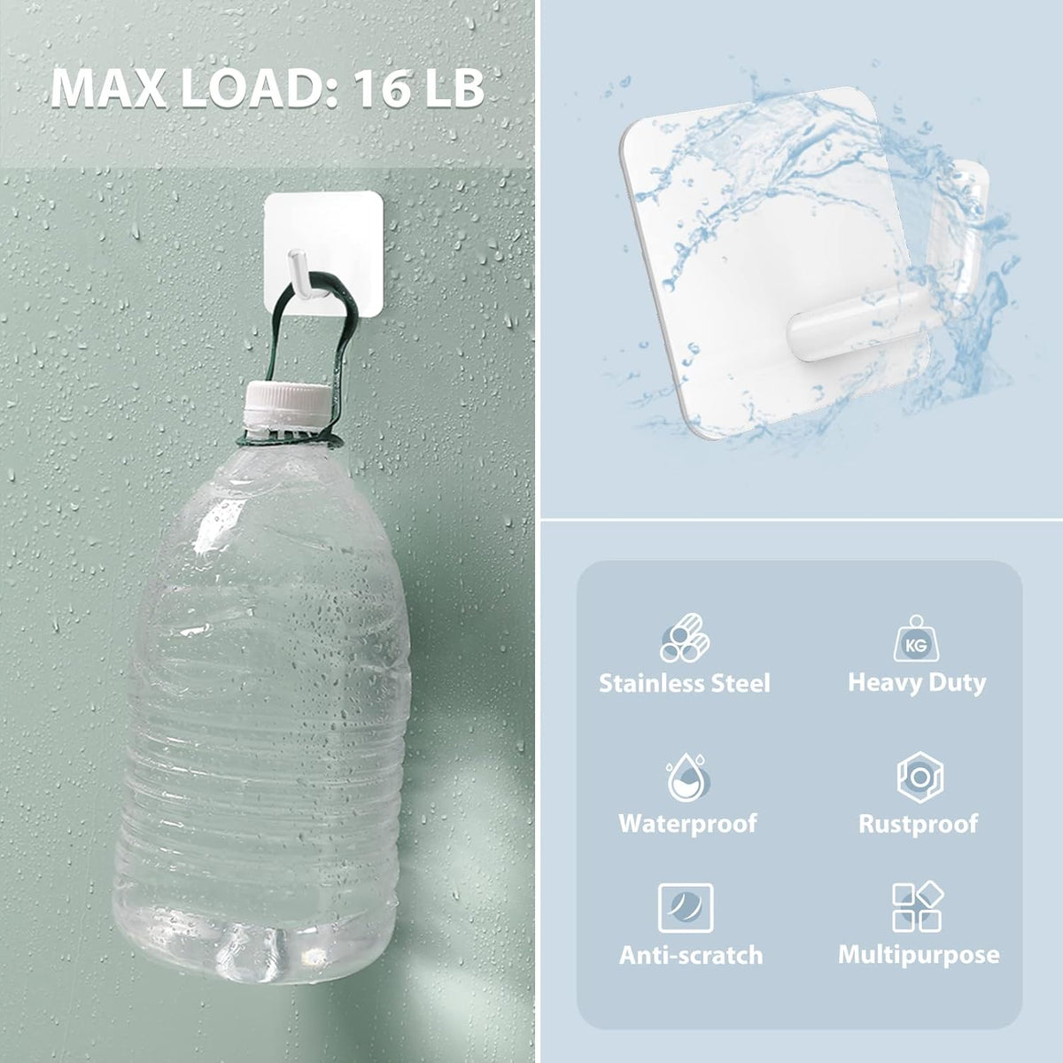 VIS'V Adhesive Hooks, Heavy Duty Shower Wall Stick on Hooks, Waterproof, 2 Extra Adhesive Strips, White, 4 Pcs