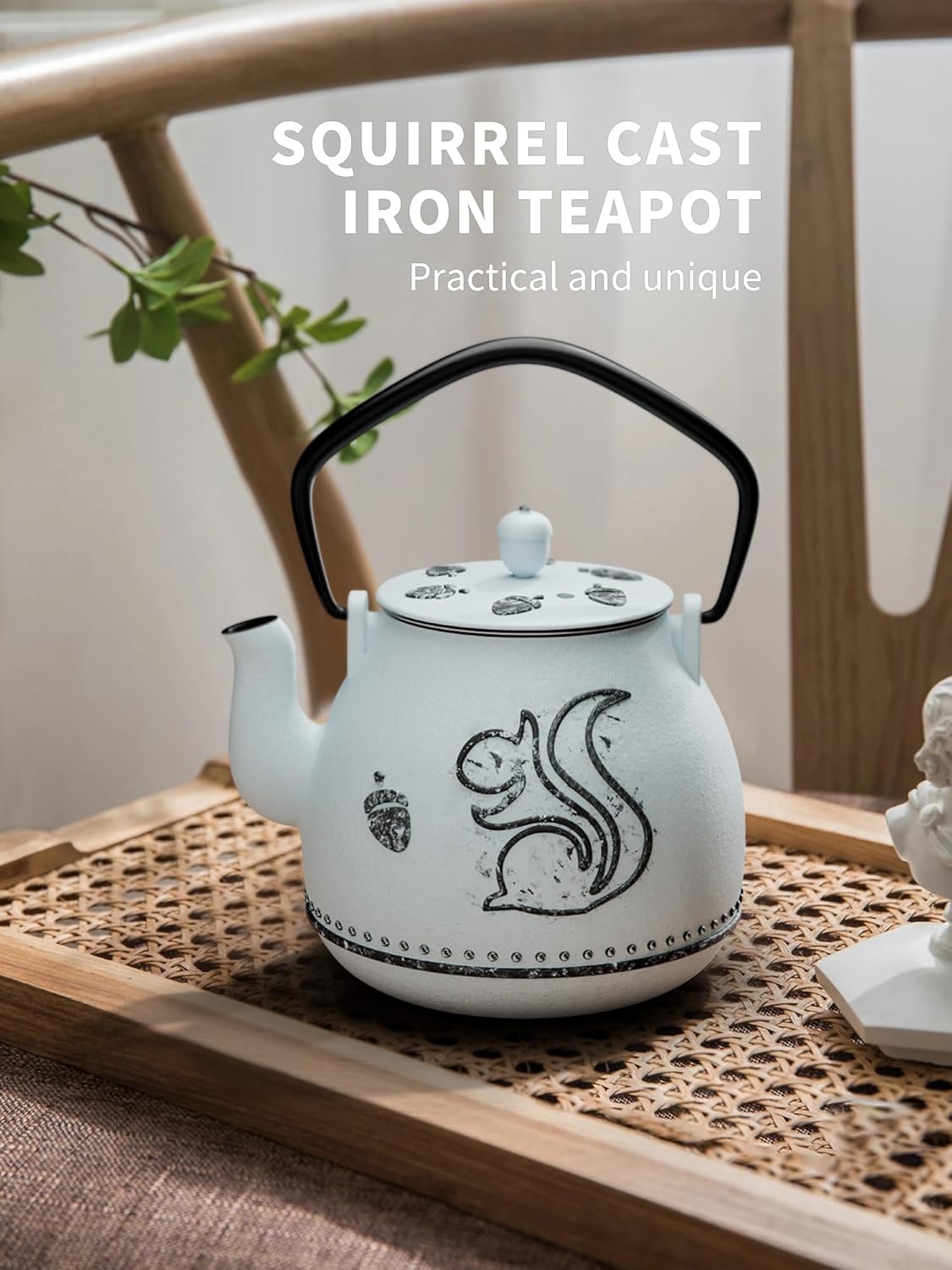 Toptier Teapot with Removable Infuser, Cast Iron Tea Kettle Stovetop Safe, Squirrel Design Tea Pot Coated with Enameled Interior for 32 Ounce (950 ml), Light Blue