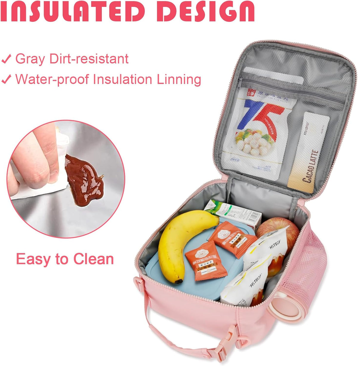 Initial Insulated Lunch Bag for Girls Kids, Back to School Gift, Reusable Leak-proof Lunch Box with Adjustable Strap for School Daycare Travel Picnic (Pink,I)