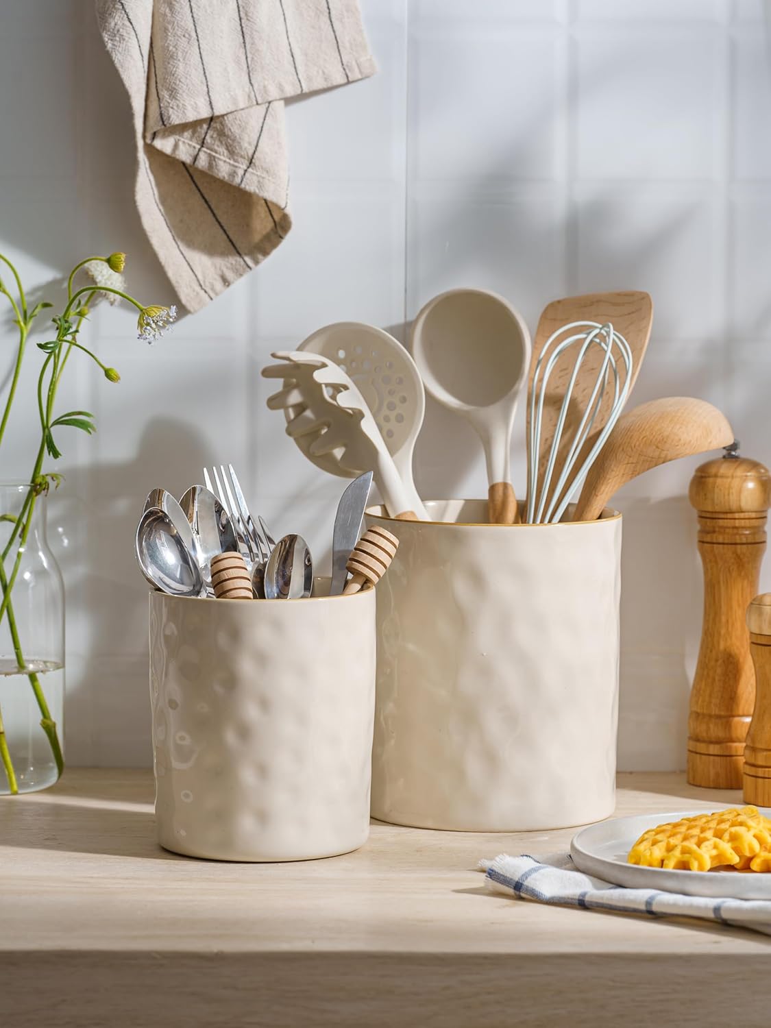 famiware Ocean Utensil Holder, 7.2"+5.8" Ceramic Kitchen Utensil Holder for Countertop, Cooking Utensil Crocks, Utensil Organizer for Spatula & Spoon, Kitchen Decor, Set of 2, Vanilla White