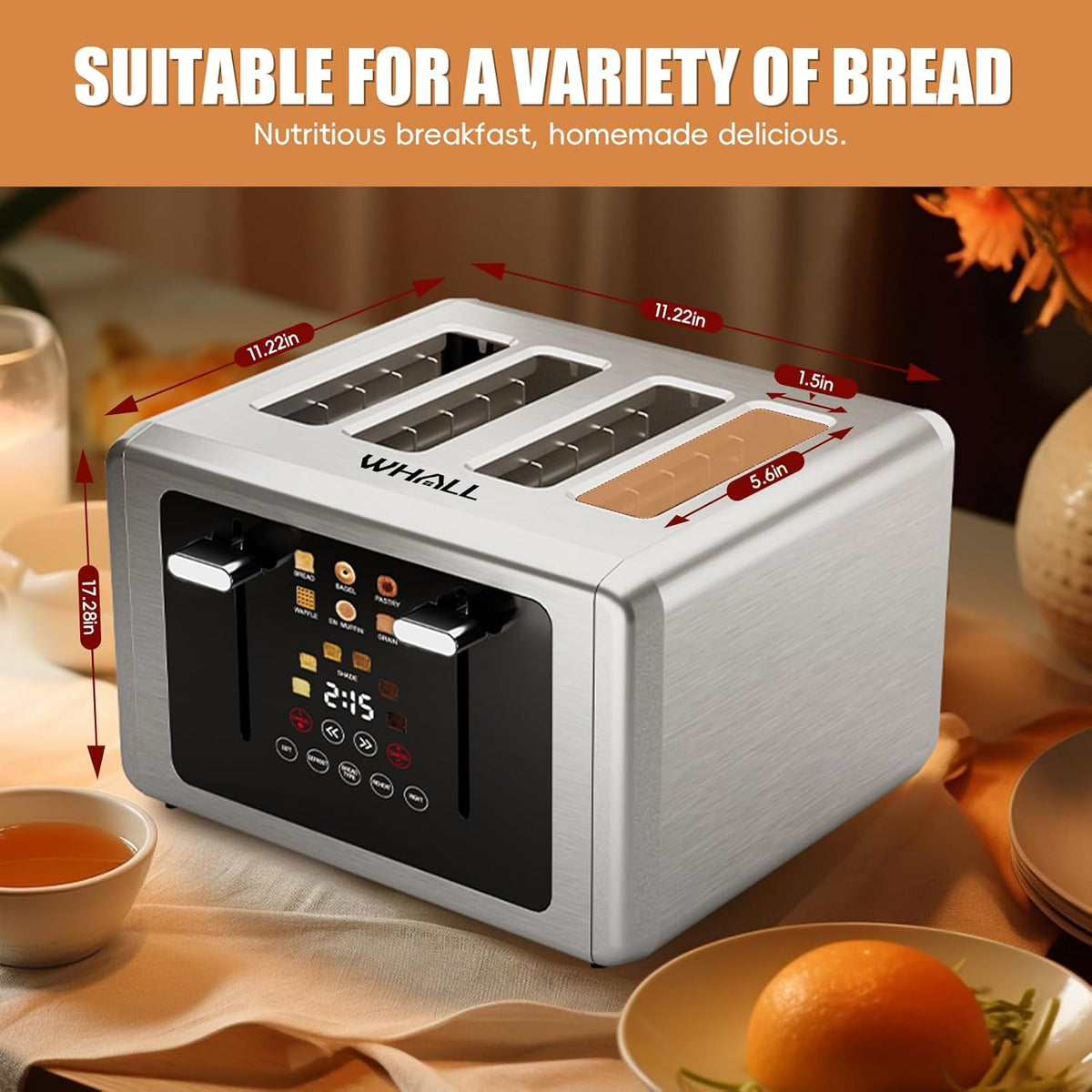 whall 4 Slice Touch Screen Toaster, Stainless Steel Toasters Digital Timer, Dual Control Panel Toasters，6 Shade Settings＆6 Bread Types, Smart Wide Slots, Bagel, Cancel, Defrost,Stainless Steel