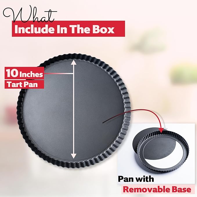 Tart Pan 10 Inch Removable Bottom- Carbon Steel Quiche Pan, Rust & Temperature Resistant Quiche Baking dish 550-600 °F- Non-Stick, Sturdy & Dishwasher Safe- Perfect for Baking Tarts (10 Inch)