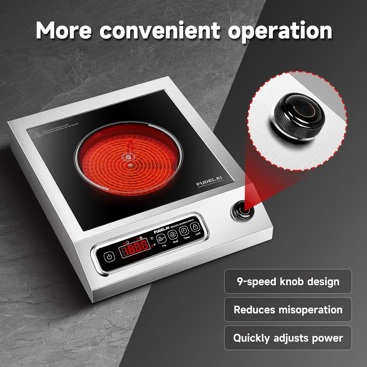 1800W Electric Hot Plate with Infrared Heating & 9 Power Levels - Commercial-Grade Countertop Burner, Ceramic Cooktop with Timer, Child Safety Lock for Home Kitchen, Restaurants