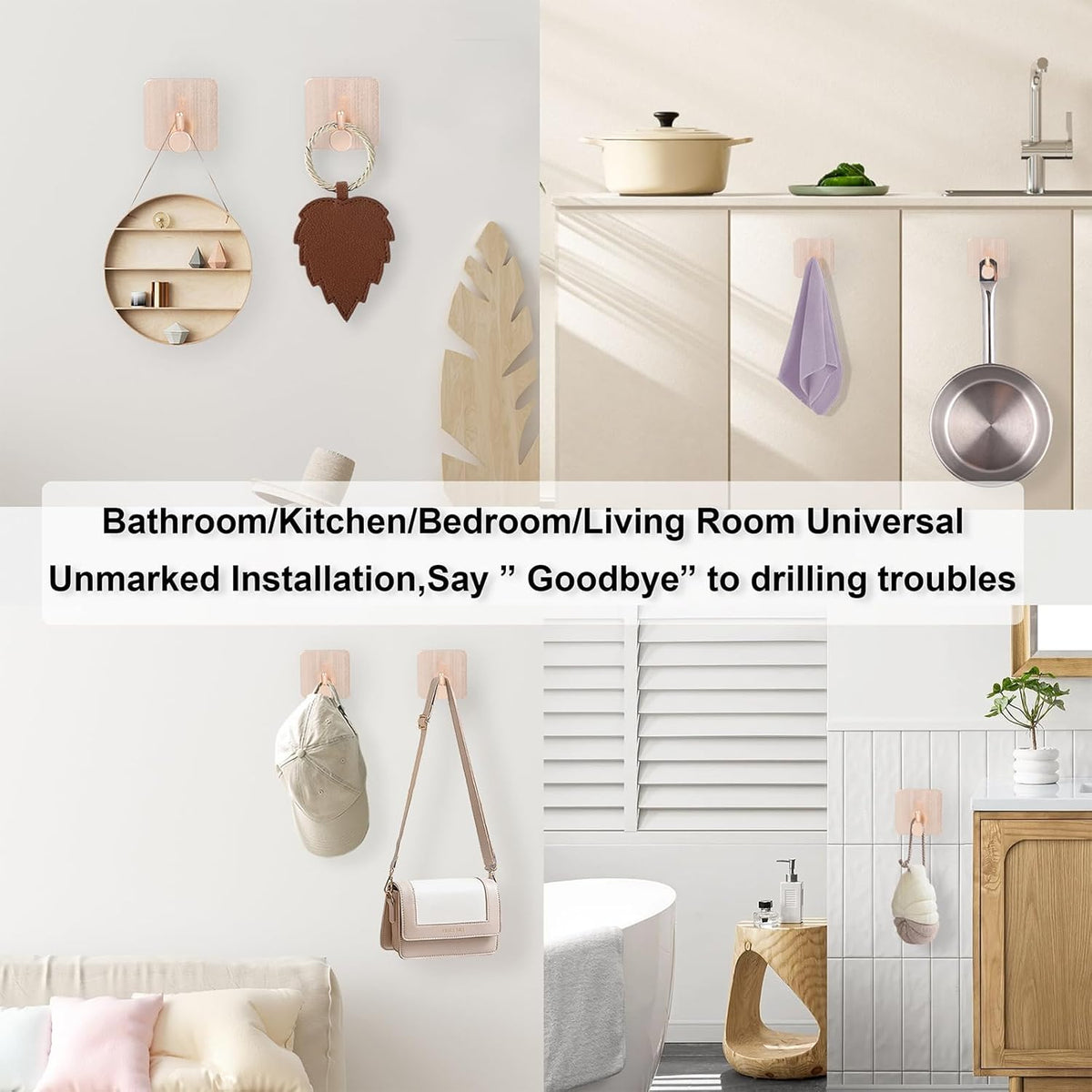 Aluminum Wall Hooks, No Drill Damage-Free Adhesive Hook, Product for Hanging Heavy Duty for Bathroom Kitchen Home (Single Square Rose Gold Hook, 4)
