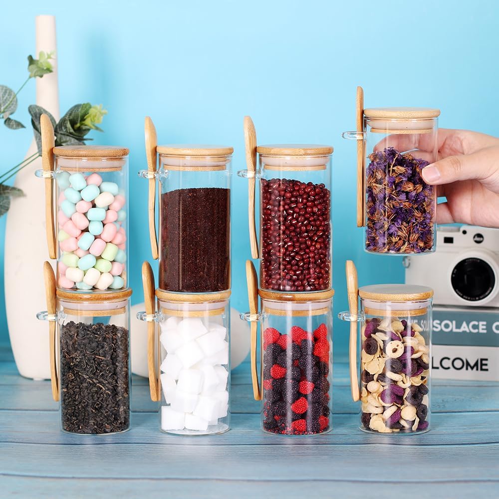 Glass Jar with Bamboo Lid and Spoon, 8Pack 10 OZ Tea Containers for Loose Leaf Tea, Salt and Sugar Containers for Countertop, Yogurt Jars for Overnight Oatmeal