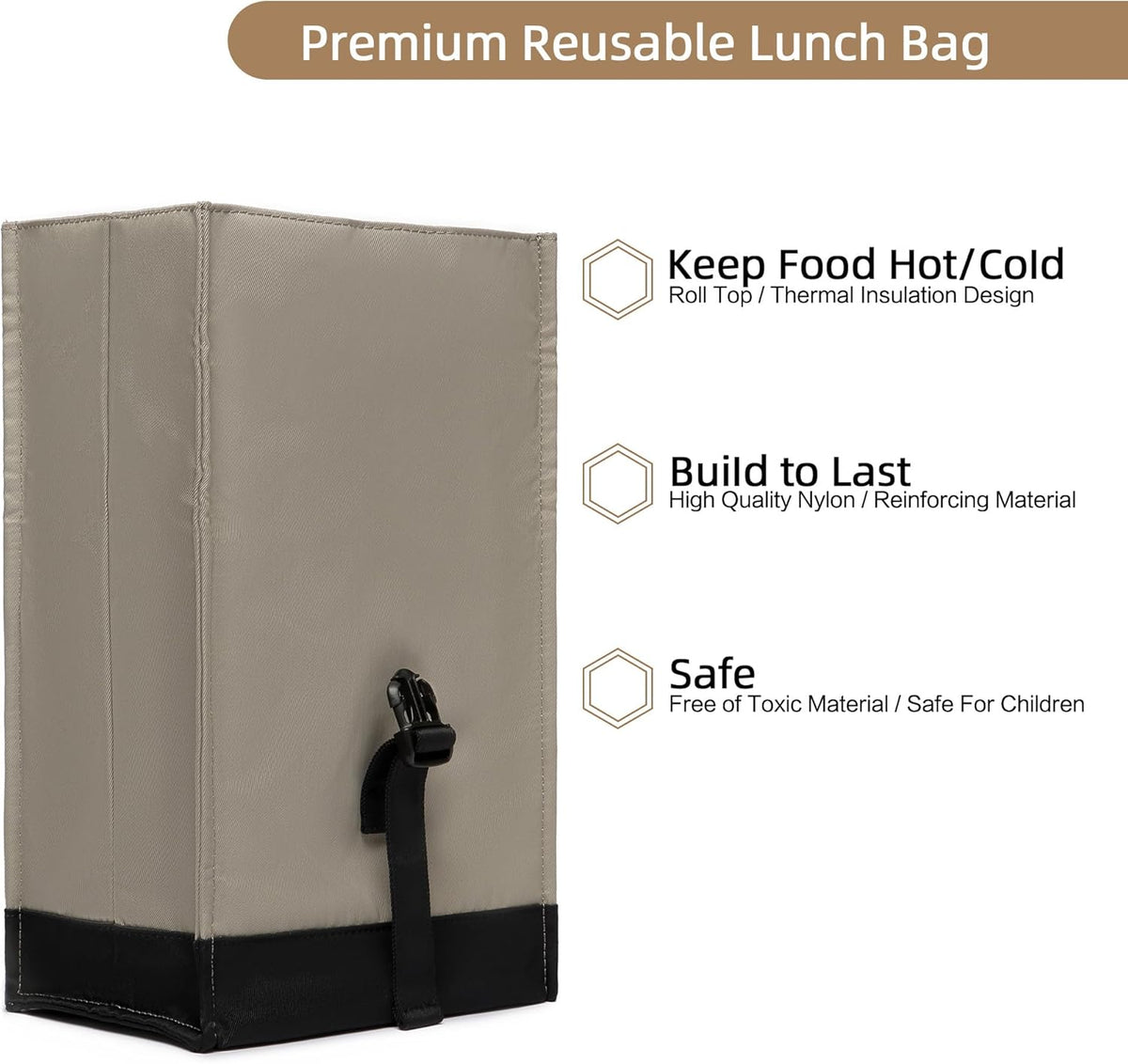SUNNY BIRD Insulated Lunch Bag Rolltop Lunch Box Tote Bag for Women, Men, Adults and Teens (Grey and black)