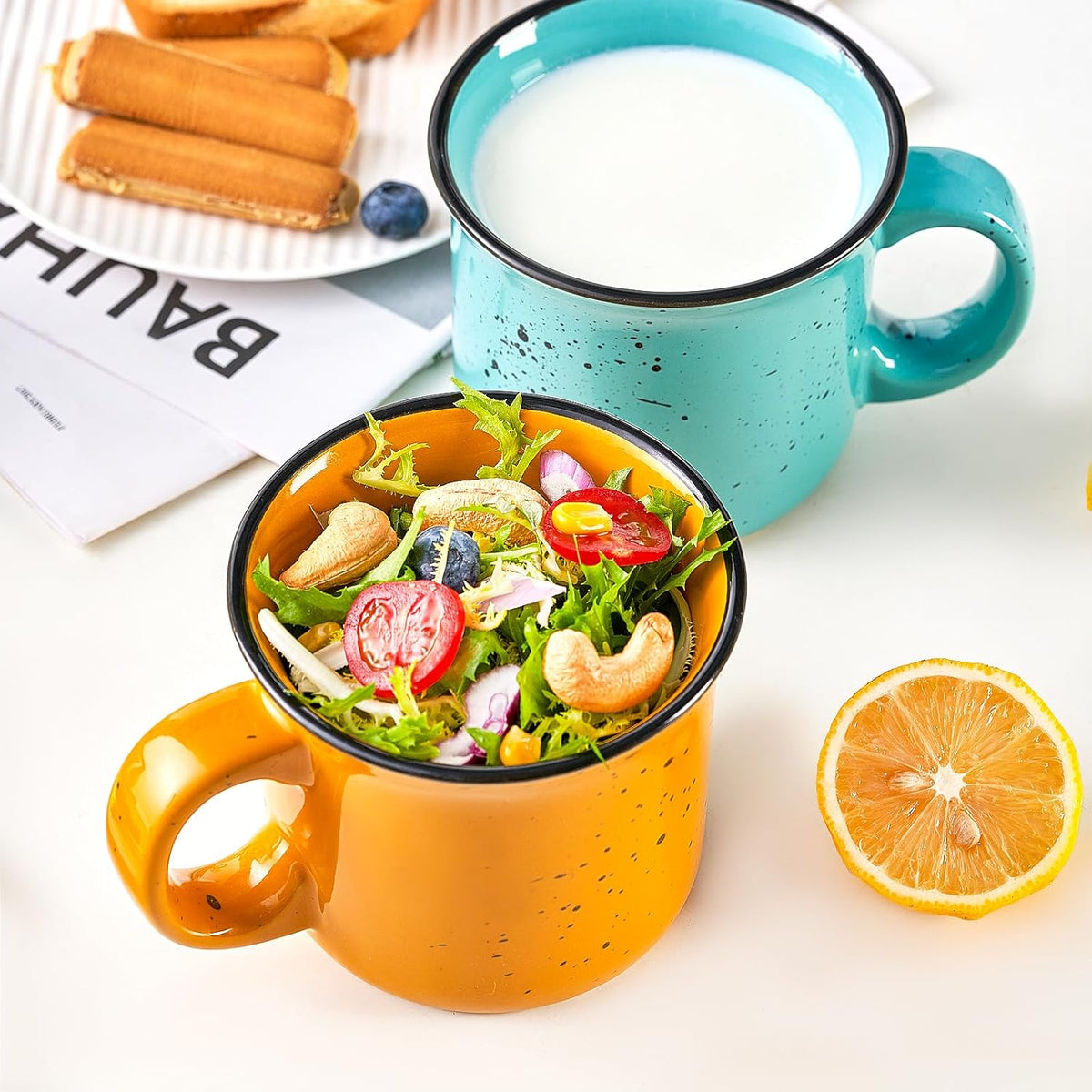 bestone Set of 4 Large Ceramic Mugs with Handles, 16 oz, Vibrant Colors, Microwave & Dishwasher Safe, Perfect for Coffee, Cereal, Latte, Salad, Noodles