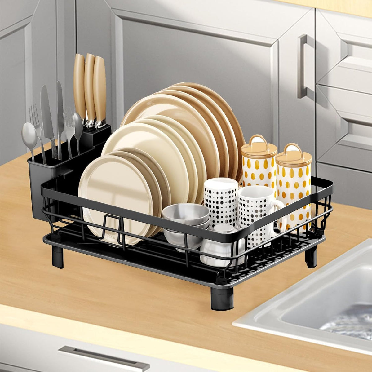 GAXmi Dish Drying Rack Over The Sink Drainer with Drainboard Utensil Holder, 1-Tier Black