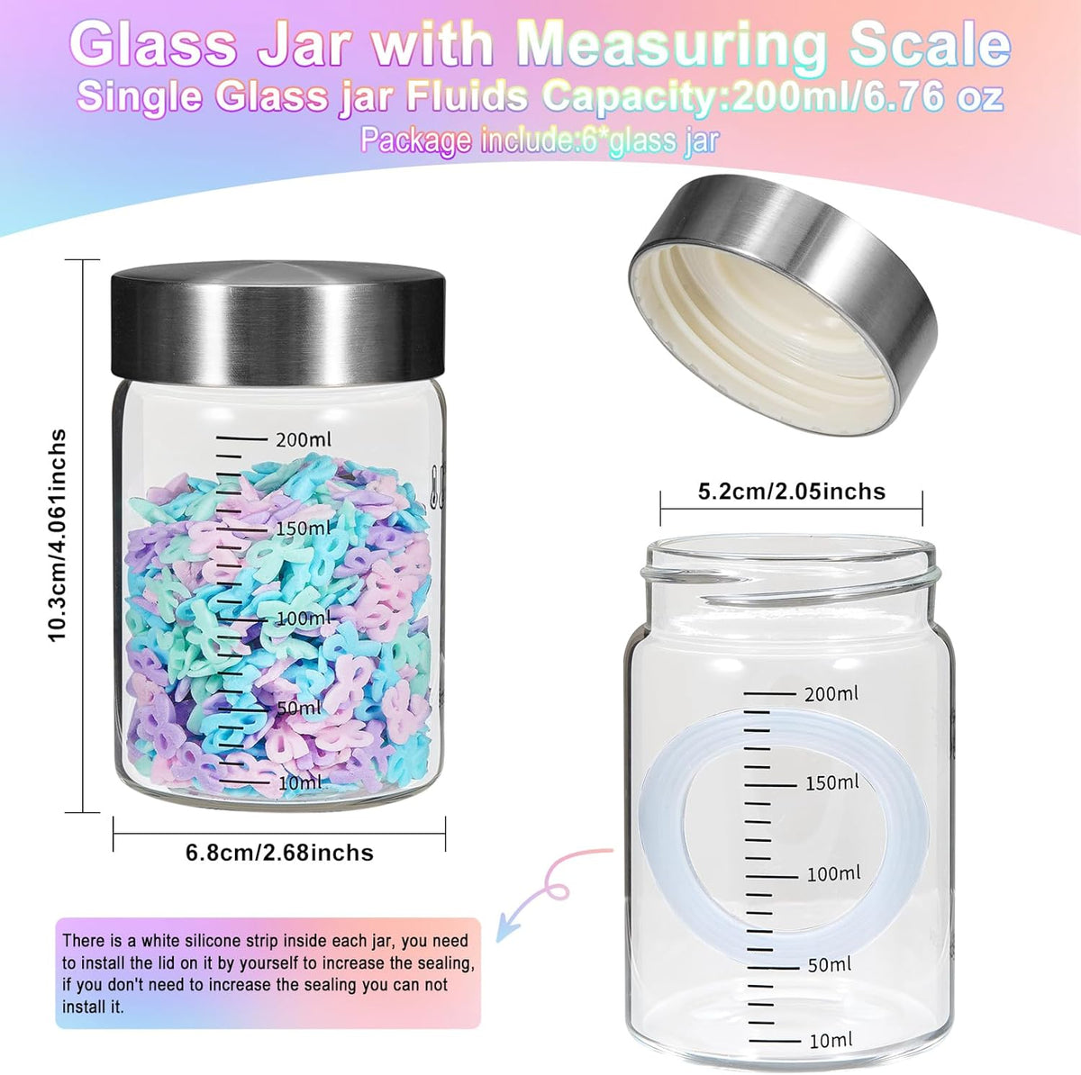 Glass Spice Jar Coffee Sugar Container Airtight Glass Jar Food Storage Canisters Bottle for Kitchen Seasoning Tea Herb Overnight Oats Bar Parfait Snacks (6 * 200ml(6.76oz))